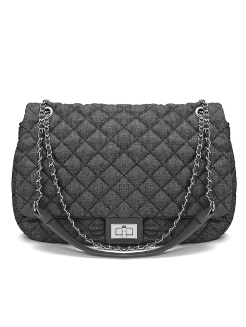 Quilted Denim Crossbody Bag Chain Strap Adjustable Shoulder Purse